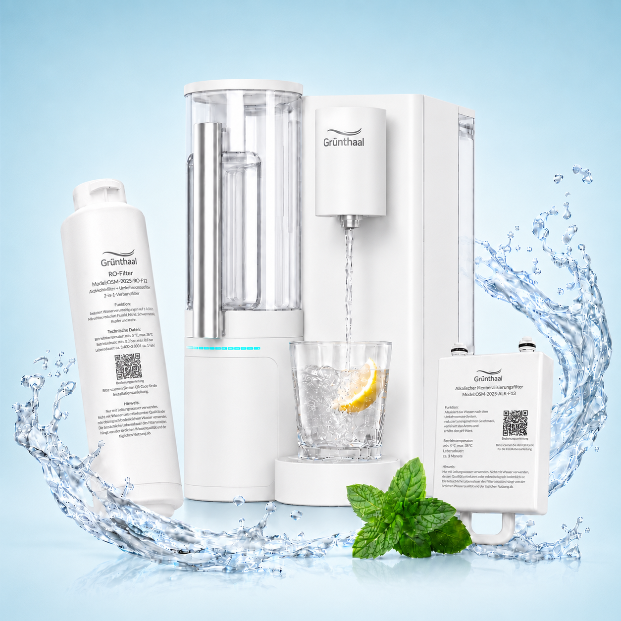 AquaLiva elan Osmoseanlage mit RO-Filter, Remineralisierungsfilter, Glas Wasser und Minze
