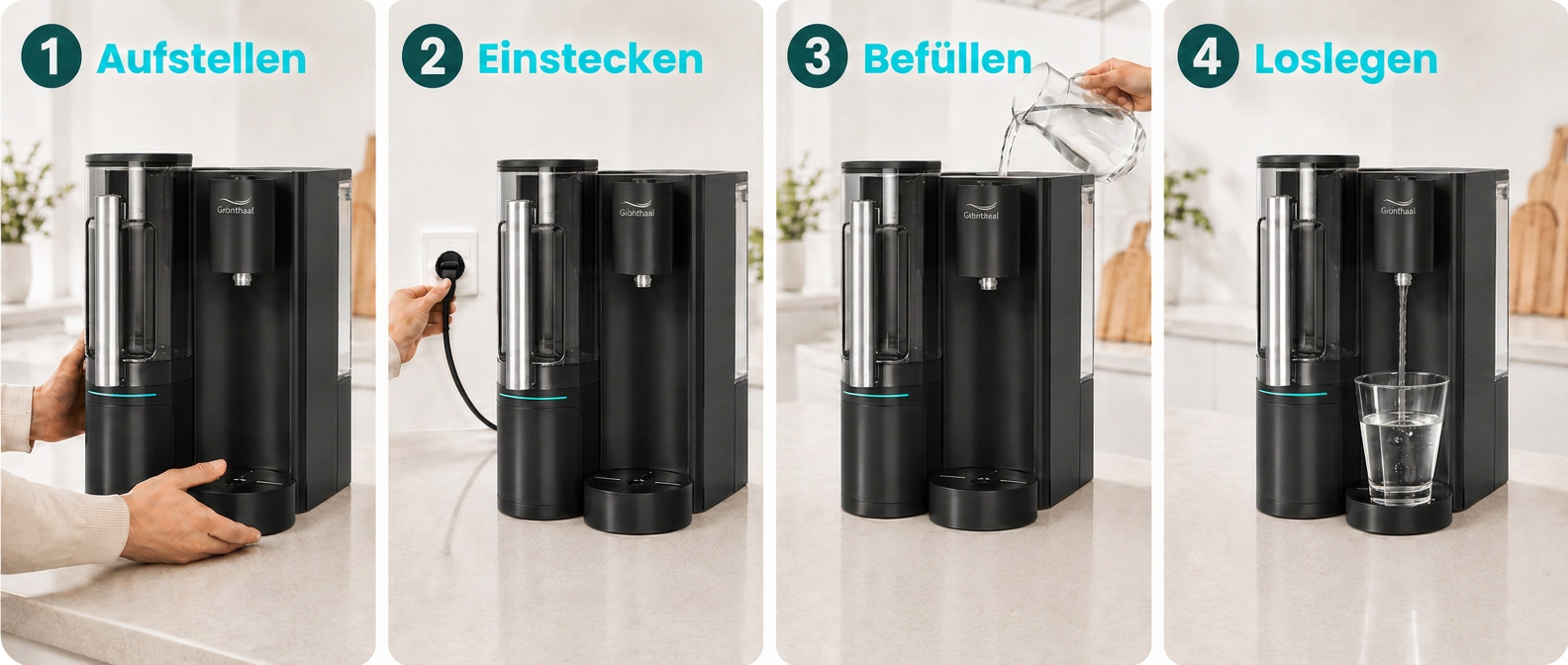 In 4 Schritten startklar: Aufstellen, Einstecken, Befüllen, Loslegen