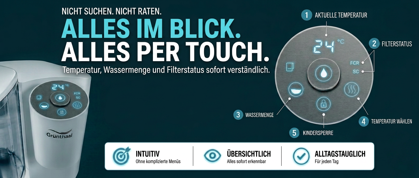 Alles im Blick. Alles per Touch. – Temperatur, Wassermenge und Filterstatus sofort verständlich